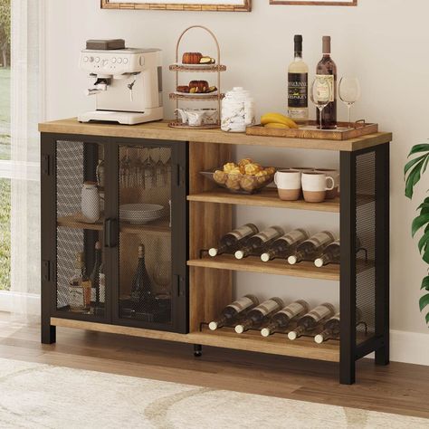 PRICES MAY VARY. 【Multi-Functional Bar Cabinet for Home】Display your favorite bottles in industrial style with this freestanding coffee bar cabinet with storage. Provide you a comfortable bar space to enjoy your relaxing time after long-day working. It features two mesh doors that open to reveal the glass racks to keep the goblets in preparation, as well as ample storage space for your favorite whiskys, while wine racks on right side allow you to keep favorite vintages close at hand. 【Humanized Industrial Liquor Cabinet, Sideboard With Wine Rack, Liquor Cabinet Bar, Dollhouse Bar, Home Buffet, Coffee Bar Cart, Bar For Home, Mesh Doors, Home Bar Cabinet