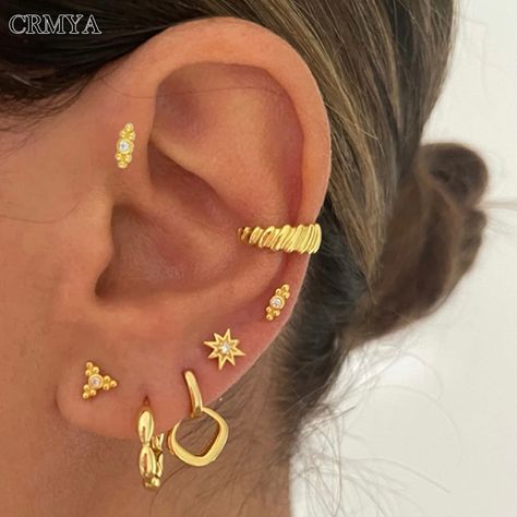 CRMYA Gold Plated Stud Hoop Dangle Earrings For Women Boho Style Ear Cuff Women's Earrings Set 2022 Stackable Earring Ideas, Gold Curated Ear, Pretty Piercings, Ear Stacks, Ear Cuff Women, Jewellery Photo, Ear Curation, Earring Inspo, Earring Stack