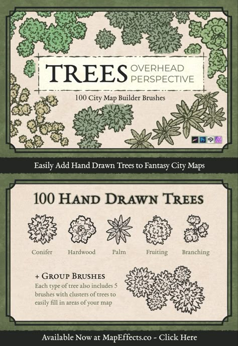 100 Hand Drawn Trees for Fantasy City Maps - Compatible with Procreate, Photoshop, Clip Studio Paint, and Affinity Jungle Fantasy Map, Fantasy Map Trees, Dnd Forest Map, Fantasy Maps Drawing, Forest Battle Map, Dnd City Map, Fantasy Map Drawing Ideas, Map Effects, Cartography Design