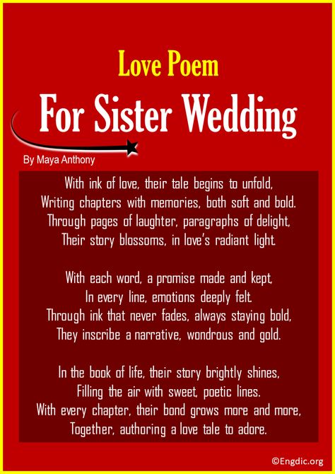 <p>Weddings are a tapestry of love, memories, and promises. As your sister ties the knot with her soulmate, finding the right words to convey your feelings can be challenging. Dive into our curated list of 17 heart-warming wedding poems dedicated to your sister and brother-in-law’s special day. Love Poems For Sister Wedding 1. Love’s Journey Begins Before the first poem, understand it’s a celebration of the new journey your sister is embarking upon with her partner. The verses hig... Sister Wedding Speeches, Honor Quotes, Sister Poems, Funny Poems, Sisters By Heart, Wedding Poems, Birthday Poems, Short Poems, Brother In Law