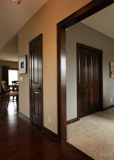 How to update the look of dark wood trim with modern paint colours such as Comfort Gray and Revere Pewter Dark Wood Trim, Modern Paint Colors, Best Neutral Paint Colors, Trim Paint, Dark Trim, Trim Ideas, Brown Doors, Neutral Paint Colors, Dark Wood Floors