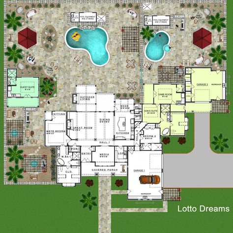 Still Dreamin...Multi-Generational Home.  My son and I and a small guest house (or home office). House Plans With Guest House Attached, Family Compound Layout Multi Homes, Multi Family Compound, Family Compound Layout Multi, House With Attached Guest House, Compound House Plans, Multi House Family Compound, Multi Generational House Plans, Casita Plans