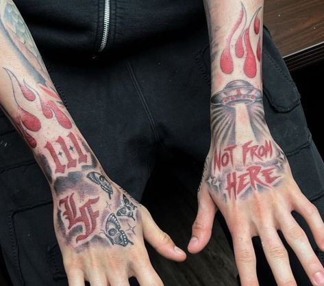 Black Red Tattoo Men, Cold World Hand Tattoo, Red Hand Tattoo Men, Hand Arm Tattoo For Men, Trap Tattoos Men Hand, Hood Hand Tattoos For Men, Men Red Tattoo, No Love Tattoo Men, Red Tattoos Men