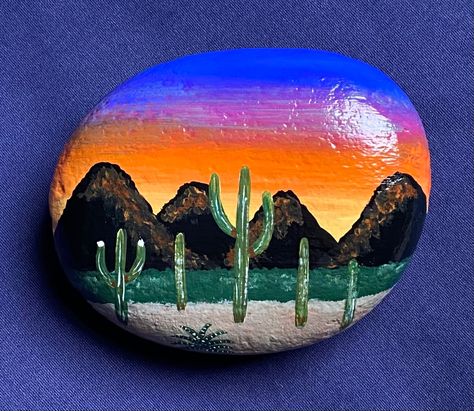 Painted Rock Cactus, Rock Cactus, Wood Paintings, Desert Scene, Cactus Painting, Painted Rocks Diy, Desert Painting, Painted Stone, Desert Sunset