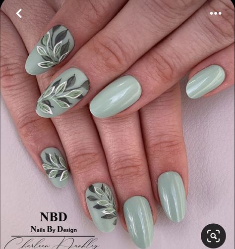 Light And Dark Nail Designs, Pretty Nail Art Designs Green, Nail Designs With Vines, Foliage Nail Design, Sage Green Nails With Leaf Design, Mint Floral Nails, Mint Green Floral Nails, Unique Gel Nail Designs Creative, Eucalyptus Nail Art