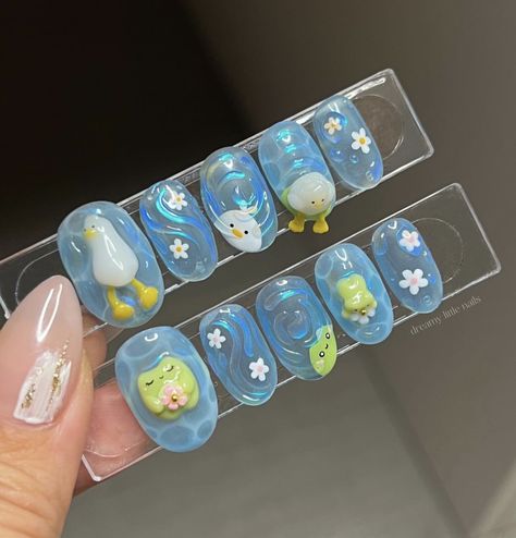 Pool Nails, Paznokcie Hello Kitty, Frog Pond, Water Nails, Fake Nails Designs, Pretty Gel Nails, Really Cute Nails, Kawaii Nails, Cute Nail Designs