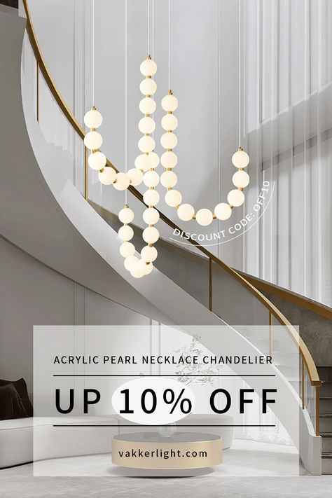 This stylish Pearl Necklace Chandelier illuminates any space with a brass-constructed base and white plastic orbs. Its unique design will draw admiration and attention, merging a distinctive style with universal and timeless appeal. Its unique lighting forms will highlight the interior of your home, creating a warm, cozy atmosphere for gatherings and quality time with family. Skylight Chandelier, Tulum Decor, Necklace Chandelier, Nyc Bedroom, Lobby Lighting, Quality Time With Family, Light Window, Stairway Lighting, Pearl Light