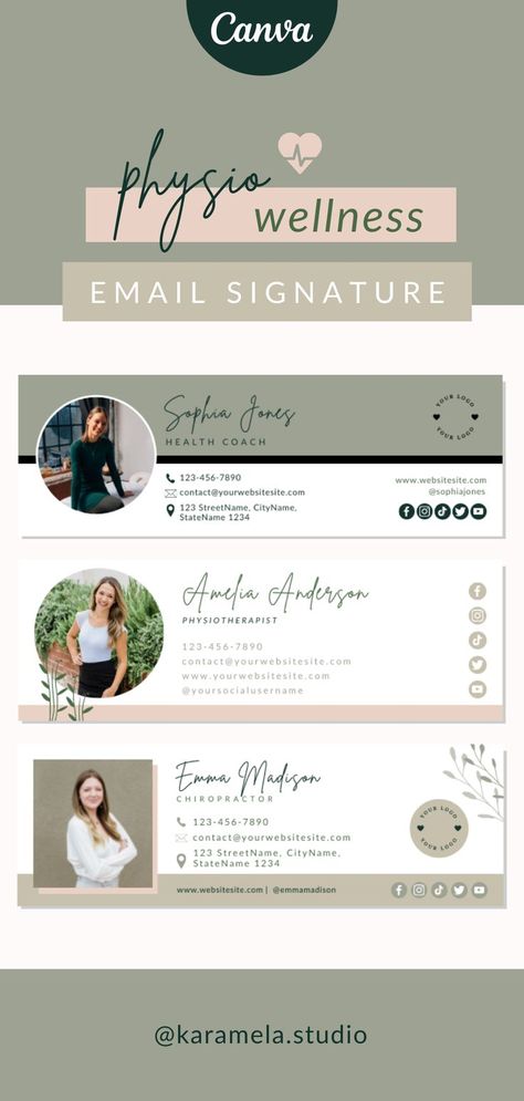 With these email signature templates, you can give an elegant and stylish finish to your emails! 

These templates are INSTANT DOWNLOADABLE and FULLY EDITABLE.

-- Simply change colors, add your own photos and text! Find them in the KaramelaStudio Shop! Google Signature Design, Unique Email Signature, Personal Email Signature Ideas, Realtor Email Signature, Canva Email Signature, Email Signature Ideas Business, Email Signature Design Ideas, Email Signature Design With Logo, Email Signature Design Inspiration