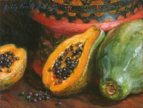 Papaya Painting, Buddhist Stupa, Fruit Still Life, Art Tutorials Watercolor, Still Lifes, Offering Bowls, Food Painting, Fruit Painting, Exotic Fruit