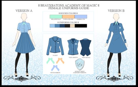 Magic Uniform, Witch Uniform, Beauxbatons Academy Of Magic, Male Uniform, Harry Potter Uniform, Female Uniform, Costume Drawing, Hogwarts Uniform, Fleur Delacour