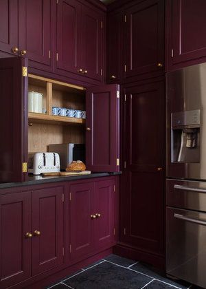 Burgundy kitchen cabinets #colorkitchen Purple Kitchen Cabinets, Plum Kitchen, Kitchen Cabinets Painted, Cabinets Painted, Purple Bedrooms, Purple Kitchen, Kitchen Pantry Cabinets, Transitional Living Rooms, Transitional House