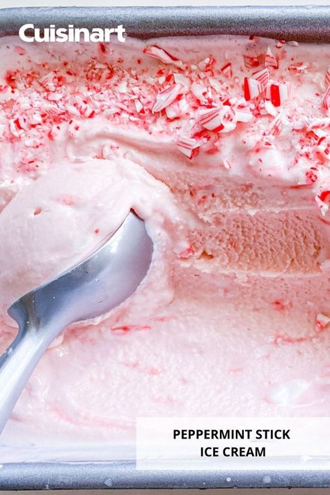 Peppermint Stick Ice Cream is the perfect sweet treat for this holiday season! Enjoy a spoonful of this delicious dessert in just 25 minutes using the #Cuisinart Pure Indulgence 2 Quart Ice Cream Ice Cream, Frozen Yogurt & Sorbet Maker. #icecream #icecreamrecipe #holidaydesserts #dessert #easydessert Homemade Peppermint Ice Cream, Peppermint Stick Ice Cream Dessert, Ice Cream Recipes Cuisinart Machine, Peppermint Ice Cream Recipe, Cuisinart Ice Cream Recipes, Cuisinart Ice Cream Maker Recipes, Peppermint Stick Ice Cream, Cuisinart Recipes, Stick Ice Cream