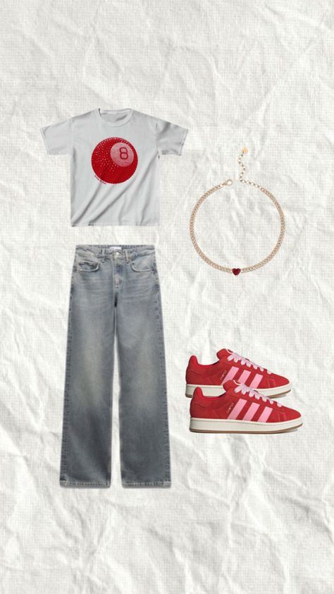 #outfitinspo #fitspo #fit #campus #adidas #jewelry #heart #red #pink #jeans #zara #8ball #trendy #stockholm #shuffles #likemyshuffle #likeforfollow Pink Adidas Outfit, Campus Adidas, Heart Red, Jewelry Heart, Red Fits, Adidas Campus, Adidas Outfit, Pink Jeans, Pink Adidas