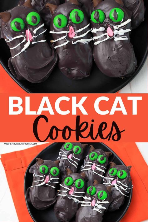 These cute and easy no bake Halloween black cat cookies are perfect for a Hocus Pocus movie night dessert! The family favorite dessert is made with Nutter Butters and chocolate and are family favorites! Hocus Pocus Dessert, Binx Hocus Pocus, Hocus Pocus Cookies, Hocus Pocus Movie Night, Movie Night Desserts, Movie Inspired Recipes, Witchy Birthday, Delicious Halloween Desserts, Bake Halloween