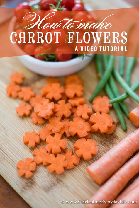 How to Make Carrot Flowers – A Video Tutorial | Celebrating everyday life with Jennifer Carroll Vegetable Flowers How To Make, Garnish With Carrots, Radish Flowers How To Make, Carrot Food Art, Carrot Flowers Garnish, Food Garnish, Carrot Flowers, Riced Veggies, Vegetable Carving