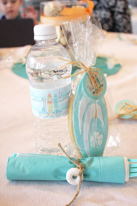 hawaiian themed baby shower details - surfer boy water bottles, life saver utensils and surf board cookies. Baby On Board Baby Shower Ideas, Beach Baby Shower Theme, Surfer Baby Shower, Hawaiian Baby Shower, Surfer Party, Surf Birthday Party, Hawaiian Baby Showers, Shower Photos, Surfer Baby