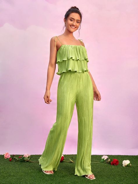 SHEIN Unity Ruffle Trim Cami Top & Flare Leg Pants Set | SHEIN USA 2piece Outfits, Sleeveless Suit, Flare Leg Pants, Cami Top, Two Piece Outfit, Green Fashion, Wholesale Fashion, Wide Leg Trousers, Cami Tops