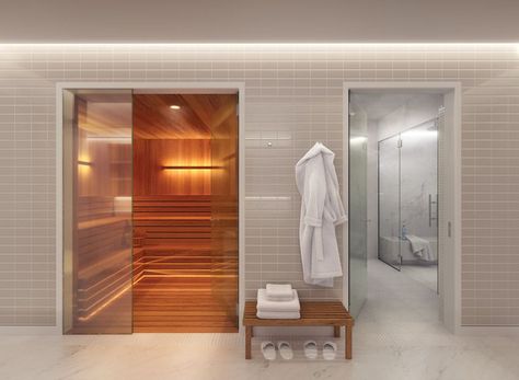 Luxury sauna and marble shower in basement Basement Window Replacement, Basement Built Ins, Finished Basement Designs, Flooring Laminate, Basement Layout, Basement Gym, Modern Basement, Basement Finishing, Basement Windows