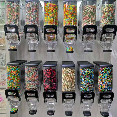 Wall Cereal Dispenser, Candy Organization Ideas, Ice Cream Topping Dispenser, Diy Cereal Dispenser, Diy Candy Wall Dispenser, Cereal Dispenser Ideas Kitchens, Candy Wall Dispenser, Candy Dispenser Wall, Candy Organization