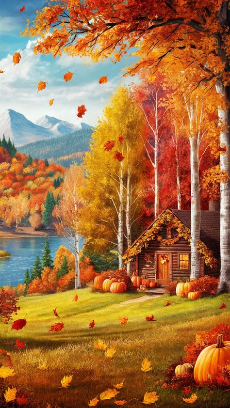 Immerse yourself in this serene autumn landscape, featuring a vibrant forest in radiant shades of orange, red, and gold. Witness leaves drifting softly to create a colorful carpet, while a tranquil lake mirrors the stunning fall palette. A cozy cabin adorned with pumpkins beckons you for warm fireside evenings. Capture the essence of fall with this beautiful wallpaper! #FallWallpaper #AutumnLandscape #NatureBeauty Autumn Beauty Wallpaper, Fall Landscape Wallpaper, Imvu Backgrounds, Fall Backgrounds Iphone, Colorful Carpet, Autumn Leaves Wallpaper, Background Fall, Rooster Painting, Fall Palette