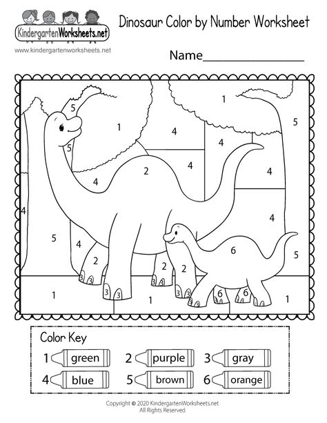 Kindergarten Dinosaur Color by Number Worksheet Printable Dinosaur Math, Dinosaur Crafts Preschool, Dinosaur Worksheets, Dinosaur Theme Preschool, Dinosaur Activities Preschool, Math Coloring Worksheets, Dinosaurs Preschool, Dinosaur Printables, Math Sheets