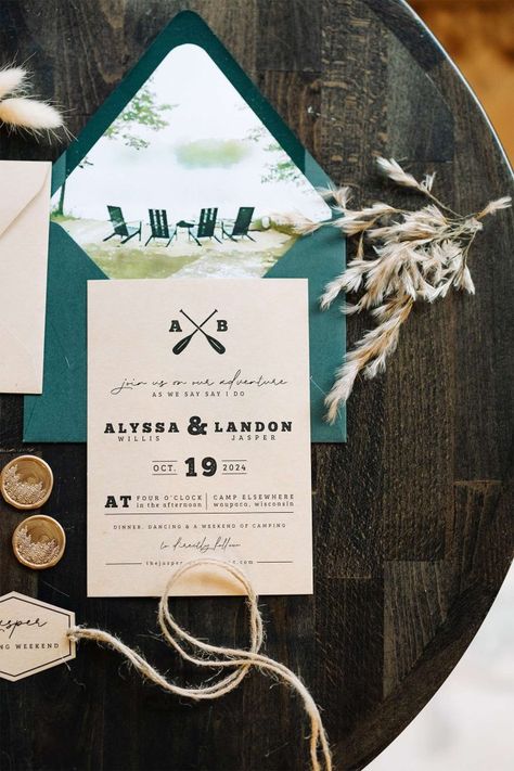 Camp themed wedding invitation Camp Wedding Invitations, Camp Themed Wedding, Rustic Wedding Invitation, Themed Weddings, Wedding Invitation Inspiration, Themed Wedding Invitations, Camp Wedding, Wisconsin Wedding, Vintage Camping