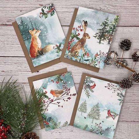 Winter Woodland Animals, Holiday Watercolor, Pet Christmas Cards, Note Card Gifts, Christmas Note Cards, Christmas Tree Collection, Christmas Note, Winter Watercolor, Winter Woodland