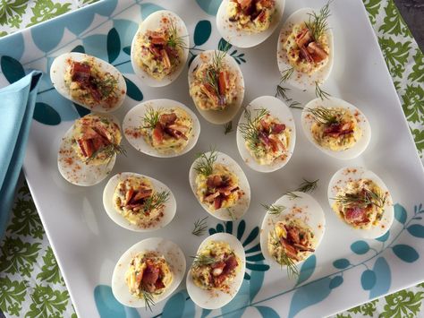 Deviled Eggs with Candied Bacon - Tip: Plastic bags are a great tool to use in place of a piping bag, easy and disposable. Candied Bacon Recipe, Candied Bacon, Cooking Channel, Bacon Recipes, Chesapeake Bay, Deviled Eggs, Egg Recipes, Nixon, Other Recipes