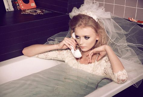 Bride in bath Staring At Phone, Jean Baudrillard, Call Me Baby, The Rocky Horror Picture Show, Take A Bath, Jeanne Lanvin, In The Bathtub, Alternative Bride, Trash The Dress