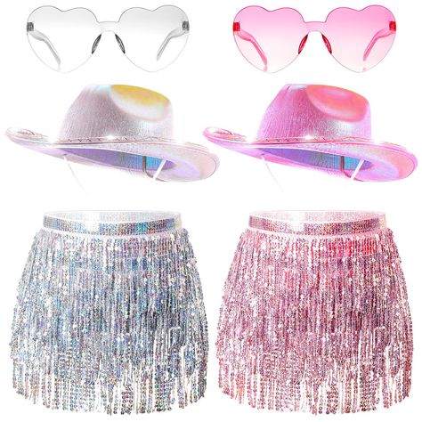 PRICES MAY VARY. What's Included in the Package: you will receive 2 pieces cowgirl hats, one in silver and the other in pink, with LED lights shining on them, 2 pieces heart shaped sunglasses, one in transparent and the other in gradient pink, and 2 pieces sequin skirts, one in silver and the other in pink; The rich package content enough to meet your various need LED Cowgirl Hat: our light up hats are equipped with shining LED lights on the bottom, and you can press the button to change the LED Space Cowgirl Hat, Cowgirl Party Outfit, Cowgirl Bachelorette Party Outfits, Space Cowgirl Costume, Cowgirl Halloween Costume, Light Up Hats, Sequin Skirts, Cowgirl Skirt, Cowgirl Halloween