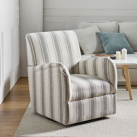 Descriptin： Experience the perfect blend of styles with the traditional and farmhouse glam swivel chair. Striped Armchair, Farmhouse Glam, Farmhouse Fabric, Strip Pattern, Blue Armchair, Traditional Sofa, Upholstered Armchair, Swivel Accent Chair, Swivel Armchair