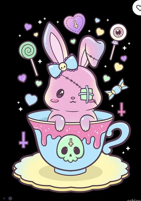 Creepy Easter Wallpaper, Pastel Goth Art Kawaii Creepy, Cute Skull Illustration, Pastel Goth Stickers, Creepy Easter, Creepy Kawaii, Kawaii Cat Drawing, Cute Monsters Drawings, Creepy Animals