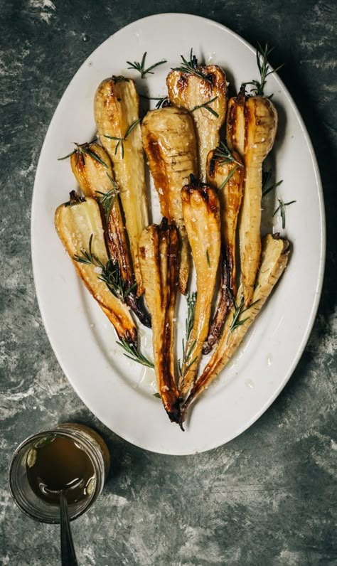 Honey & Cardamom Glazed Parsnips with Rosemary & Sea Salt - Dishing Up the Dirt Cardamom Simple Syrup, Roasted Fruit, Rosemary Sea Salt, Parsnip Recipes, Salt Dish, Simple Syrup Recipes, Alkaline Foods, Savory Dishes, Syrup Recipe