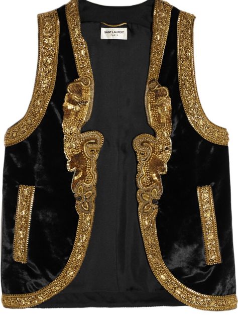 saint laurent. black velvet & gold. Middle East Clothing, Saint Laurent Dress, Saint Laurent Vintage, Black Waistcoat, Velvet Vest, Embellished Clothing, Dark Fashion, Fashion Addict, Kimonos