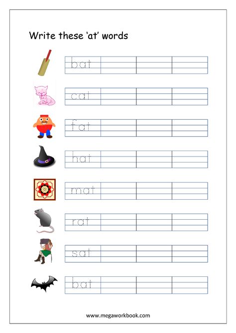 3-letter Rhyming Words ending with 'at' - writing practice (CVC words, Sight words, My First Words) 3 Letter Word Practice, At Cvc Worksheets, At Words Worksheets Free Printable, 3 Letter Word Activities, English 3 Letter Words Worksheets, At Cvc Words, Cvc Writing Worksheet, Writing Words Worksheet, Writing For Kindergarten Free Printable