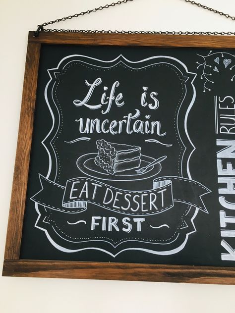 JoJo’s Murals created this kitchen chalkboard. @jojosmurals #jojosmurals #chalkboard #kitchendecor #kitchenideas #kitchensigns #interiordesign #handpainted #blackboard #kitchenart #dessert Kitchen Blackboard, Writing Wall, Blackboard Menu, Small Dining Room Table, Kitchen Chalkboard, Kitchen Rules, Chalkboard Ideas, Mural Ideas, Living Room Sofa Design