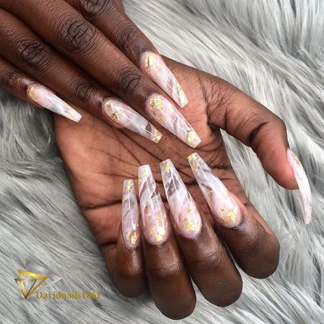 David Nguyen on Instagram: “Soft white marble with gold foil . . . . . .…” White Marble Nails With Gold Flakes, Marble Nails Coffin, White Marble Nails, Marble With Gold, Nagel Design, Nails Dark, Fake Nails Designs, Pink Glitter Nails, Nail Time