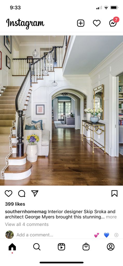 Colonial Entryway, Sweeping Staircase, New Old House, Shingle Style Architecture, Railing Designs, Newel Posts, Foyer Design, Southern Homes, Elegant Home