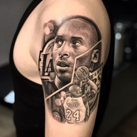 Kobe Tattoo Black Mamba, Kobe Bryant Tattoo Design, Kobe Tattoo Designs, Kobe Bryant Tattoo, Kobe Tattoo, Black People Tattoos, Basketball Tattoos, Arm Sleeve Tattoo, Sport Tattoos