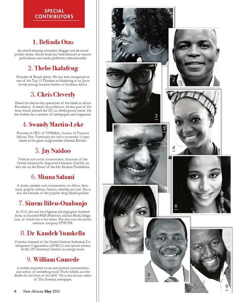 Contributor's page for the May edition of New African magazine, guest edited by Ozwald Boateng. Editorial Team Page Design, Editors Page Magazine Layout, Contributors Page Magazine Layout, Contributors Page Magazine, Yearbook Committee, Cultural Poster, African Magazine, Ozwald Boateng, Magazine Layout Inspiration