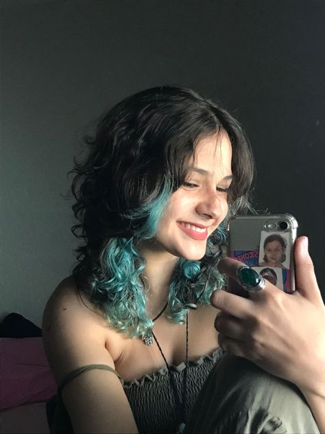 Gorgeous Underneath Hair Color Ideas for All Lengths Cool Dyed Hair Ideas Short Curly, Curl Dyed Hair, Teal Underdye Hair, Hair Dye On Curly Hair, Under Hair Dye Curly, Curly Hairstyles Dyed, Died Hairstyles Hair Dye, Under Dyed Hair Curly, Dyed Underlayer Curly Hair