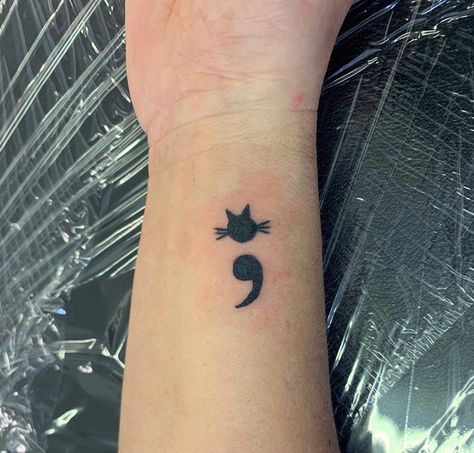 Semi Colon Cover Up Tattoo, Cat Semi Colon, Cat Semi Colon Tattoo, Cat Semicolon Tattoo, Cat Semi Colon Tattoos, Skull Semi-colon Tattoo, Pearcing Ideas, Small Black Cat Tattoo, Semi-colon Tattoo On Neck