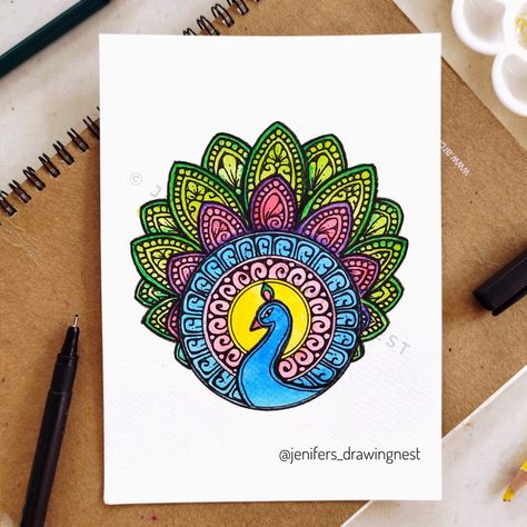 Peacock Doodle Art Easy, Colourful Zentangle Art Beginners, Colouring Mandala Art, Peacock Mandala Art Colorful, Mandala Art With Colour Pens, Madhubani Painting For Beginners, Color Pen Art Drawings, Peacock Mandala Art Easy, Peacock Doodle Art