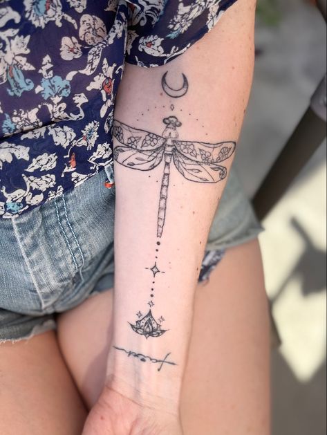 Dragonfly Lotus, Small Symbol Tattoos, Lotus Moon, Left Arm Tattoos, Moon Phases Tattoo, Dragonfly Tattoo Design, Matching Sister Tattoos, Writing Tattoos, Dragonfly Tattoo