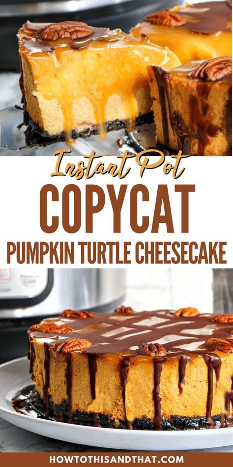 This Instant Pot Copycat Pumpkin Turtle Cheesecake is delicious. This recipe is a Cheesecake Factory copycat that boasts a creamy pumpkin center and is covered in caramel, chocolate & pecans. The Instant Pot makes this pumpkin cheesecake easy and foolproof, the ultimate dessert recipe. We have included an optional no crust version for this cheesecake recipe, come see why I drooled writing this whole post. Pumpkin Cheesecake Factory Copycat Recipes, Cheesecake Factory Copycat Recipes Pumpkin, Instant Pot Pumpkin Cheesecake, Turtle Pumpkin Cheesecake, Pumpkin Cheesecake Instant Pot, Instant Pot Turtle Cheesecake, Pumpkin Cheesecake Cheesecake Factory Recipe, Cheesecake Factory Copycat Pumpkin Pecan Cheesecake, Cheesecake Factory Pumpkin Cheesecake