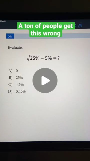 Tutely on Instagram: "Algebra with Percents ｜ Math Trick Question ｜ Square Root Fraction Problem #shorts #math #algebra #sat" Square Root Math, Sat Notes, Trick Question, School Highschool, Trick Questions, Kids Math, Math Questions, Square Roots, Math Fractions