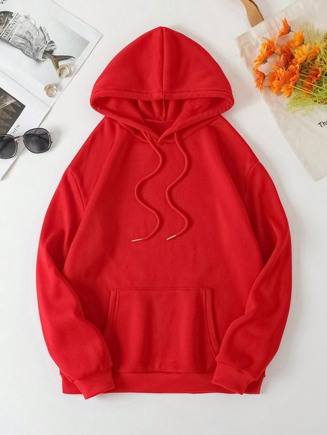 Red Casual Collar Long Sleeve Fabric Plain Pullovers Embellished Slight Stretch  Women Plus Clothing Plus Size Sweatshirts, Lined Hoodie, Red Hoodie, Dream Clothes, Plus Clothing, Kangaroo Pocket, Embroidery Patterns, Kangaroo, Sweatshirts Women