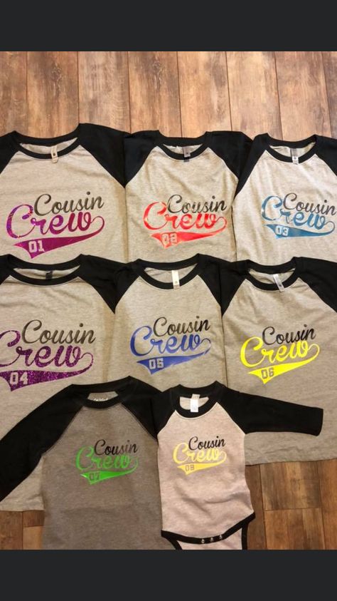 Cousin t-shirts for family portraits Cousins Day Ideas, Cousins Matching Outfits, Matching Cousin Pajamas, Family Name Shirts Ideas, Family Reunions T-shirts Ideas, Cousin Tee Shirt Ideas, Cricut Cousin Shirts, Family Fun Day Shirts, Cousin T Shirts