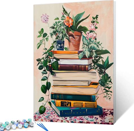 Painted Bookshelves, Stick Figure Drawing, Coffee Painting, Book Flowers, Pigment Coloring, Magic Book, Paint By Numbers, Paint By Number Kits, Stack Of Books