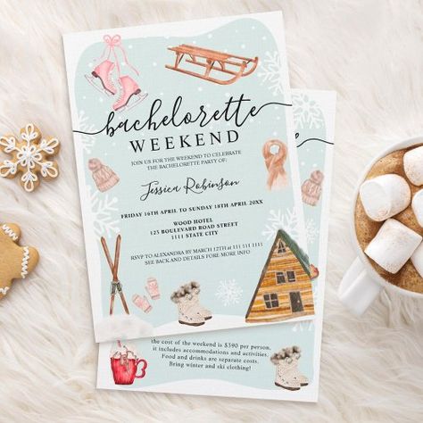 $4.39 | Winter ski bachelorette party weekend illustration #bacheloretteparty #weekenditinerary #rusticcabin #mountainwatercolor #bridetobe #modernscriptfonttypography #winterpartywedding #weekendinthemountains #winterclothingillustration #cocktailandfoodwatercolor Ski Bachelorette Party, Weekend Illustration, Ski Bachelorette, Illustration Invitation, Bachelorette Weekend Invitations, Wedding Announcement Cards, Bachelorette Party Weekend, Bachelorette Itinerary, Winter Wedding Invitations